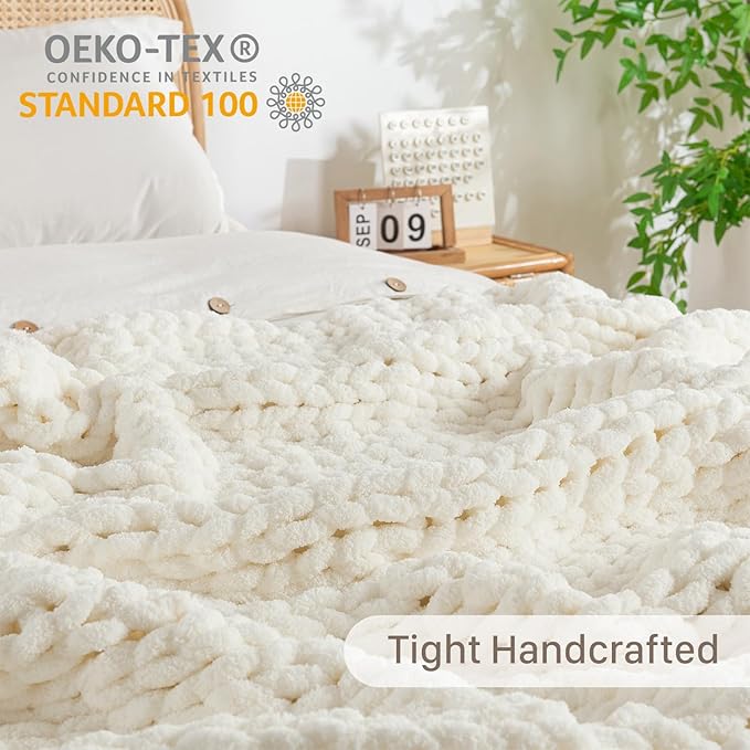 Chunky Knit Blanket Throw, 100% Hand Knit Throw Blanket Handmade Chenille Cable Knit Throw for Couch, Stylish Cozy Soft Rope Knot Crochet Blanket for Home Decor, Ivory, 60x80 Inches-Ruum Studio Home