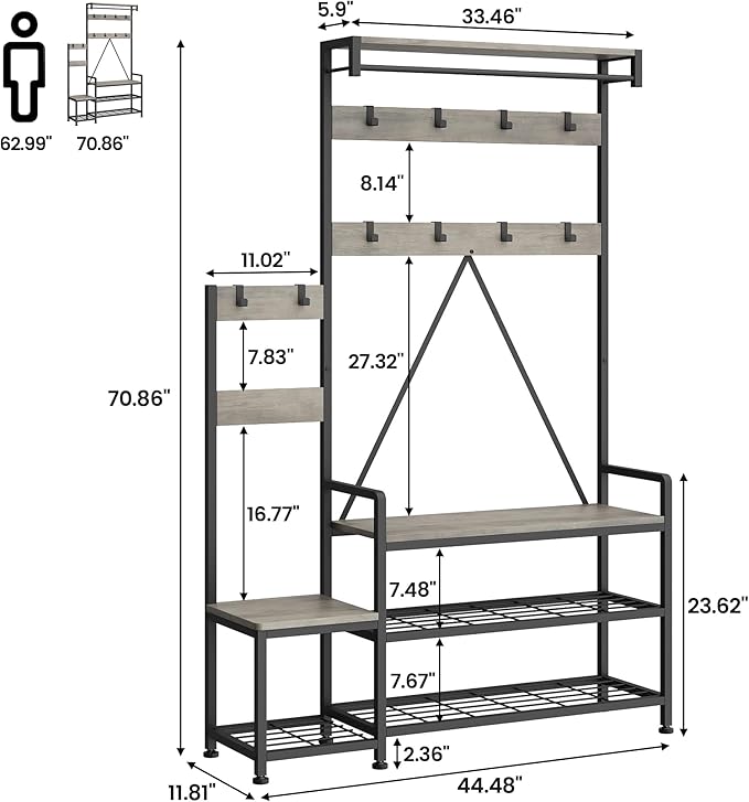 IDEALHOUSE Hall Tree with Bench and Shoe Storage Parent-Child Coat Rack Shoe Bench Industrial Coat Tree Entryway Large Organizer with Shoe Rack, Storage Cubbies, Hooks, and Top Shelf-Ruum Studio Home