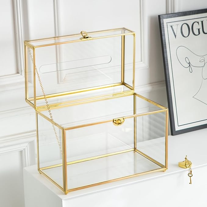 Glass Wedding Card Box with Slot, 10.2 inch Clear Card Box Gold Brass Gift Card Storage Box with Lock Perfect for Wedding Receptions, Baby Shower, Birthday Party, Bridal Shower-Ruum Studio Home