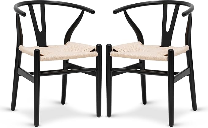 POLY & BARK Weave Dining Chairs – Mid-Century Modern Wishbone Dining Chairs with Arms, Solid Wood Frame, Indoor Use – Black – Set of 2 - Ideal for Dining Room, Kitchen or Stylish Accent Setting-Ruum Studio Home