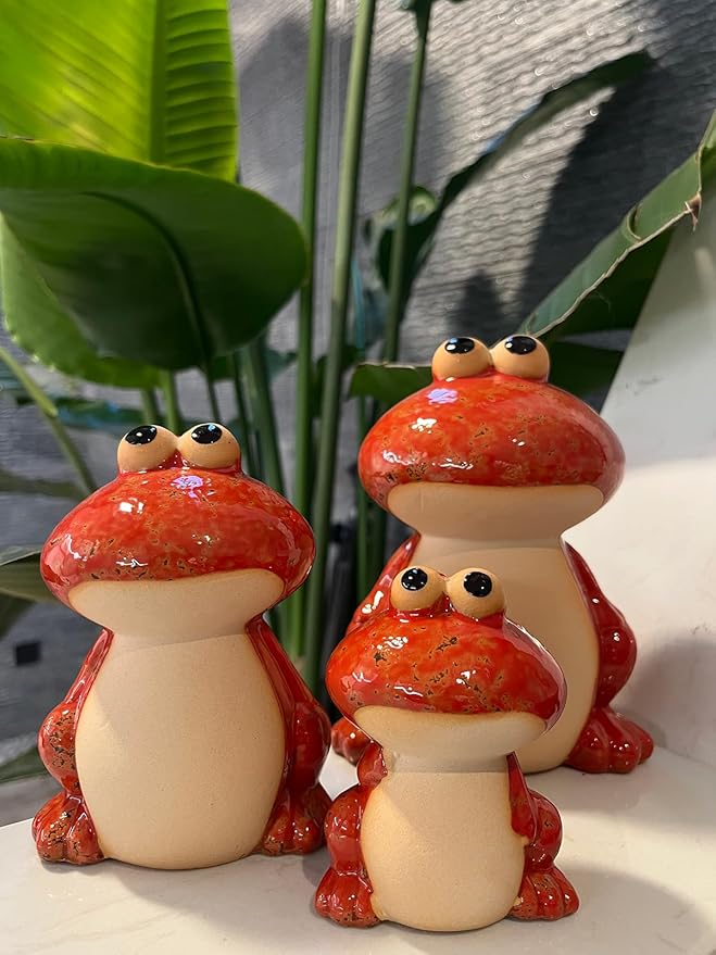 Frog Garden Decor Set of 3,Funny Cute Ceramic Frog Garden Statues Yard Decoration Outdoor Holiday Decorations,Ideal Ornament for Outside Pond Pool Patio Front Porch Backyard (Red)-Ruum Studio Home