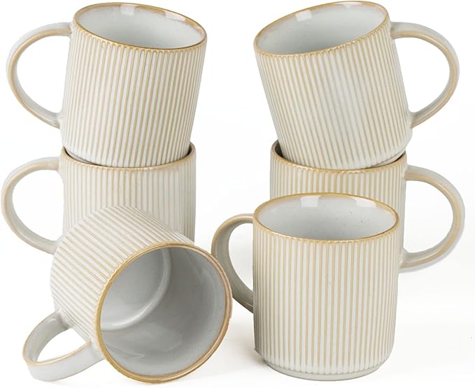 famiware Coffee Mug Set for 6, Star 12 oz Catering Mugs Cup Set with Handle for Coffee, Tea, Cocoa, Milk - Ceramic Stoneware Drinkware Set, Cappuccino White-Ruum Studio Home