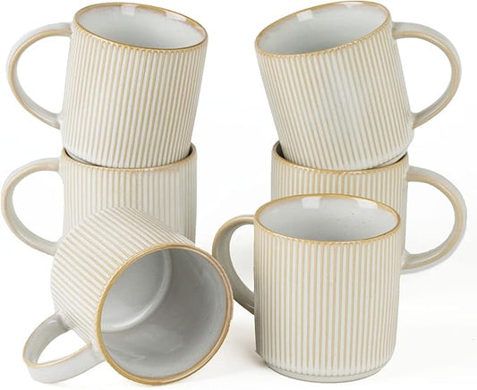 famiware Coffee Mug Set for 6, Star 12 oz Catering Mugs Cup Set with Handle for Coffee, Tea, Cocoa, Milk - Ceramic Stoneware Drinkware Set, Cappuccino White-Ruum Studio Home