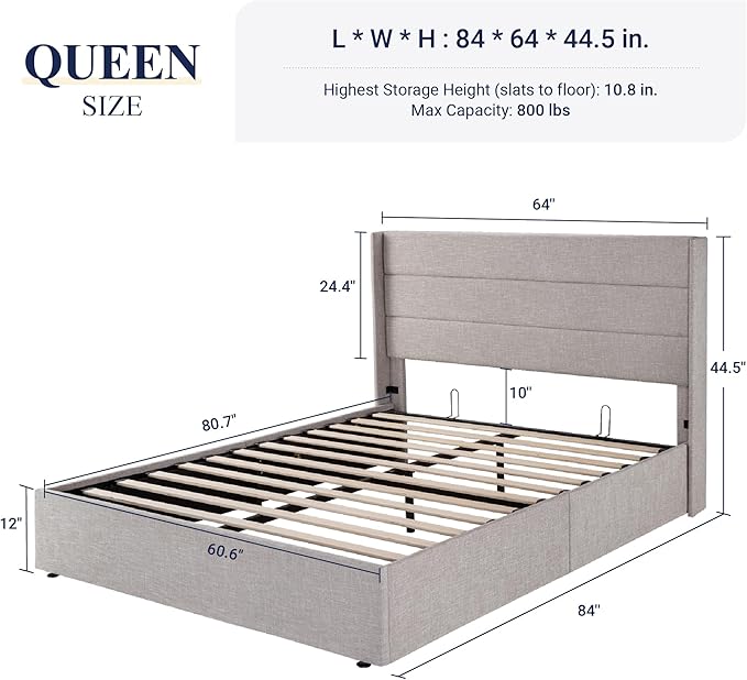 Allewie Queen Size Lift Up Storage Bed, Modern Wingback Headboard, Hydraulic Support, No Box Spring Needed, Light Beige-Ruum Studio Home