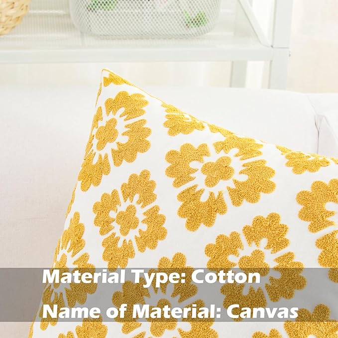 HWY 50 Mustard Yellow Decorative Throw Pillow Covers 18x18 Inch (1 Piece), Embroidered Cotton Farmhouse Cushion Cover Pillow Case for Sofa Couch Living Room Bed, Little Sunflower-Ruum Studio Home