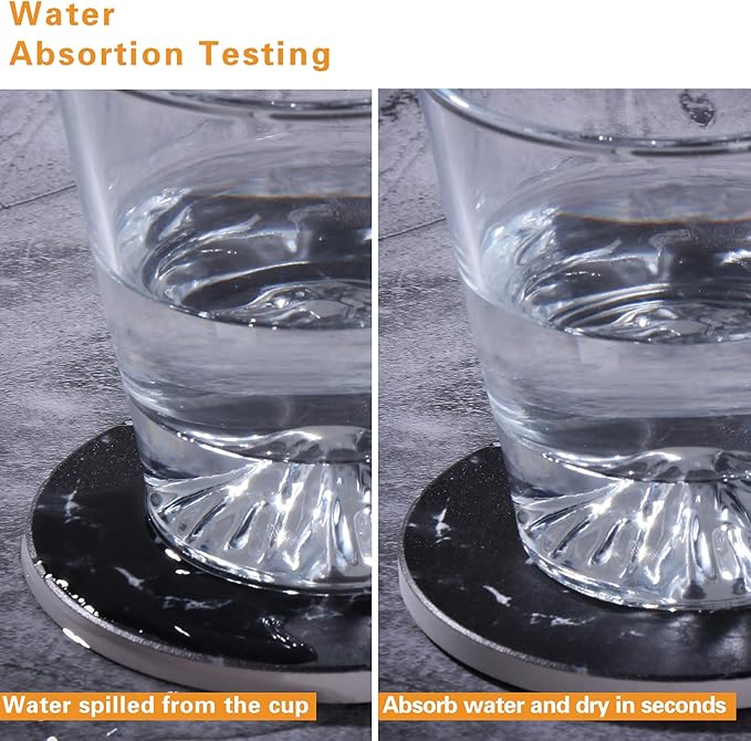 Drink Coasters with Holder Absorbent Ceramic Coasters Set of 6 Black Marble Style, 4 Inches Suitable for Kinds of Cups and Outdoor Picnic-Ruum Studio Home
