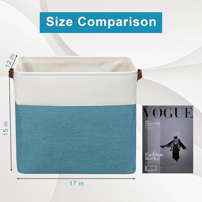 Large Fabric Storage Baskets | 50L Storage Bins, Decorative Linen Closet Baskets with Handles for Organizing, Shelf, Toys, Clothes, Home, Office, Nursery, 17x12x15Inches (Teal&White)-Ruum Studio Home