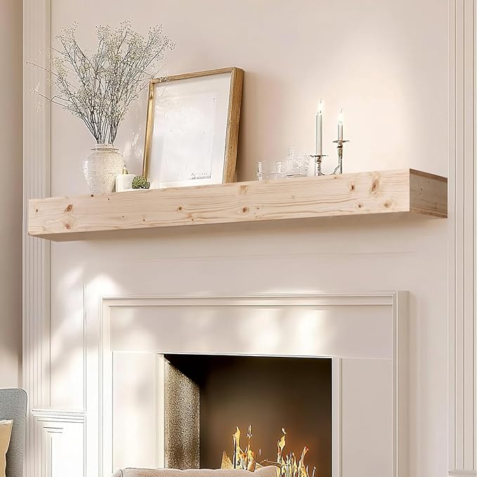 72x8x5 Fireplace Mantel - Handcrafted Hollow Rustic Solid Wood Wall Mounted Floating Shelf with Invisible Heavy Duty Wood Bracket (DIY Color)-Ruum Studio Home