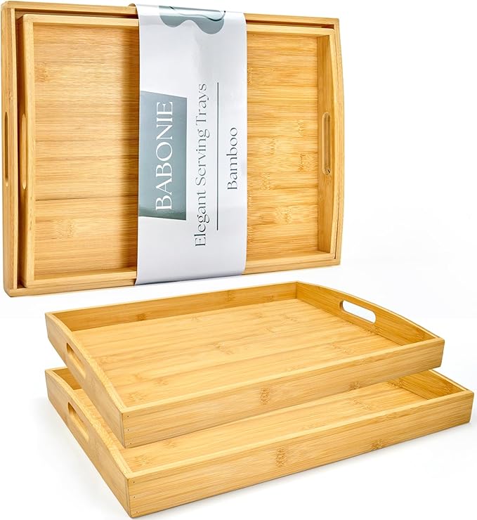 Bamboo Serving Tray with Handles Set of 2 - Decorative Wooden Trays for Eating, Working, and Storing, Suitable for Use in Bedroom, Living Room, Kitchen, Bathroom, Outdoor Scenarios and More-Ruum Studio Home