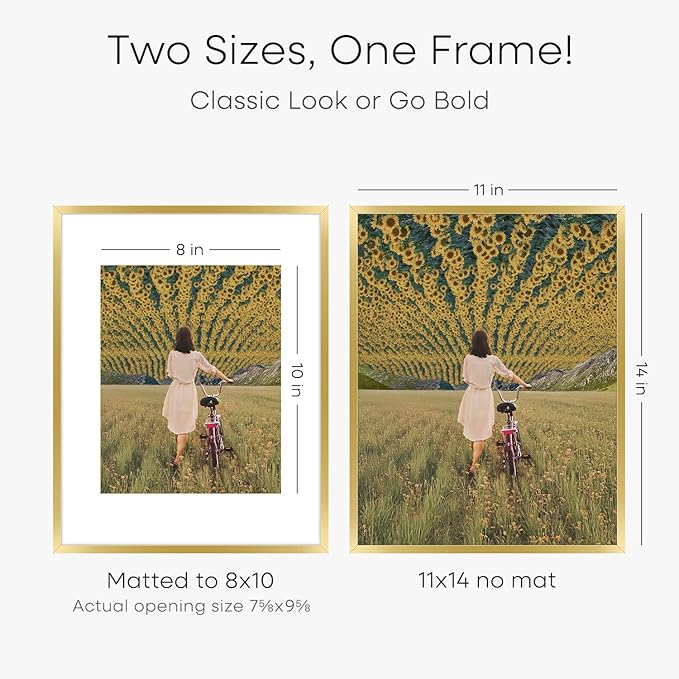 Homeforia 11x14 Picture Frame Gold, High End Metal 11x14 Poster Frames with Mat for 8x10, 11 x 14 Gold Frame Matted to 8 x 10 inch Photo, 11by14 Thin Hanging Frames, Tempered Glass, Wall Kit, Set of 1-Ruum Studio Home