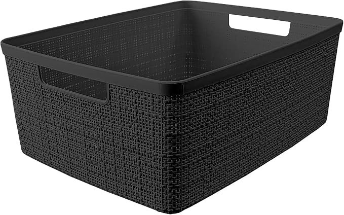 Curver Set of 6 Jute Medium Decorative Plastic Organization and Storage Baskets, Perfect Bins for Home Office, Closet Shelves, Kitchen Pantry and All Bedroom Essentials, Black-Ruum Studio Home