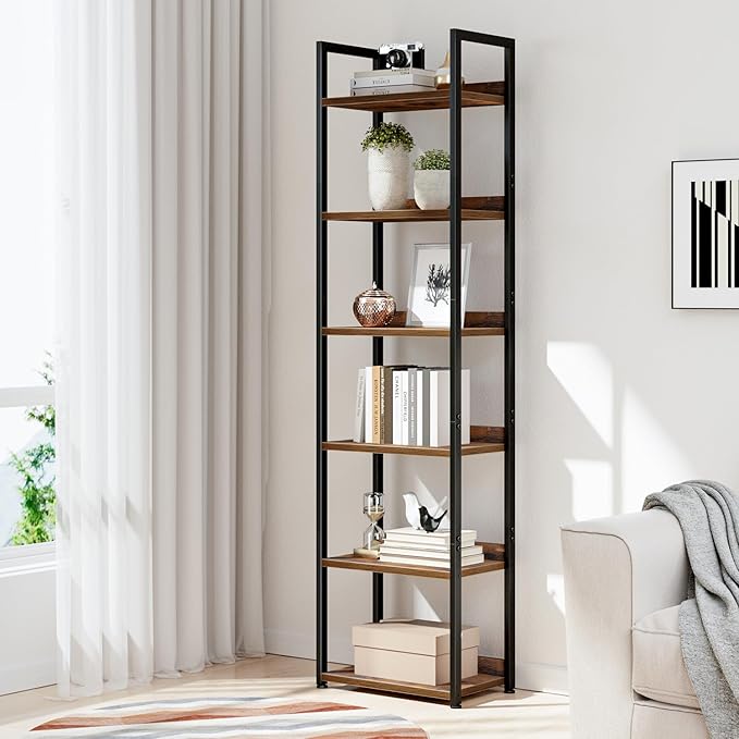 NUMENN Narrow Bookshelf, 6 Tier Bookshelves, Home Office Bookcase Shelf Storage Organizer, Free Standing Storage Shelving Unit for Bedroom, Living Room and Home Office, Vintage-Ruum Studio Home