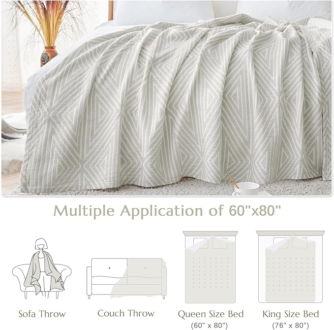 jinchan Boho 100% Cotton Blanket Muslin Twin Size 60x80 Inches Lightweight 3-Layer Geometric Triangle Striped Reversible Quilt Throw Soft Breathable Comfy All Seasons for Couch Bed Decor, Light Grey-Ruum Studio Home