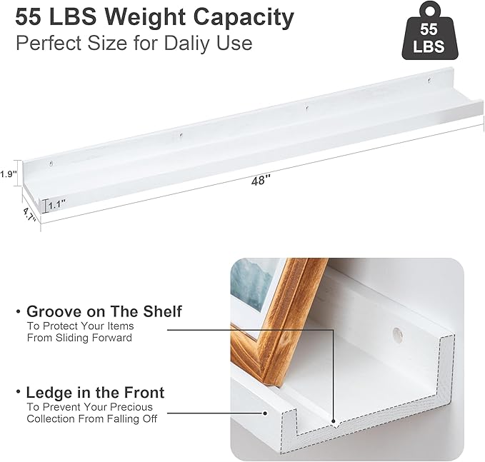 Floating Picture Ledge Shelves 48 Inch Solid Oak Wood Set of 2, Rustic Wall Storage Shelves with Lip, Kids Bookshelf, Photo & Picture Ledge Shelves for Bedroom, Living Room, Kitchen-Ruum Studio Home