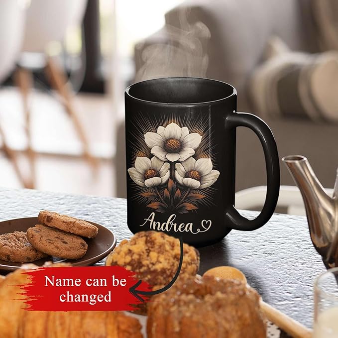 Personalized Nature Inspired Coffee Mug, Custom Name Black Cup 11oz or 15oz, Elegant Flower Ceramic Mug for Gardeners, Custom Floral Themed Coffee Cup, Gifts for Flower Lovers-Ruum Studio Home