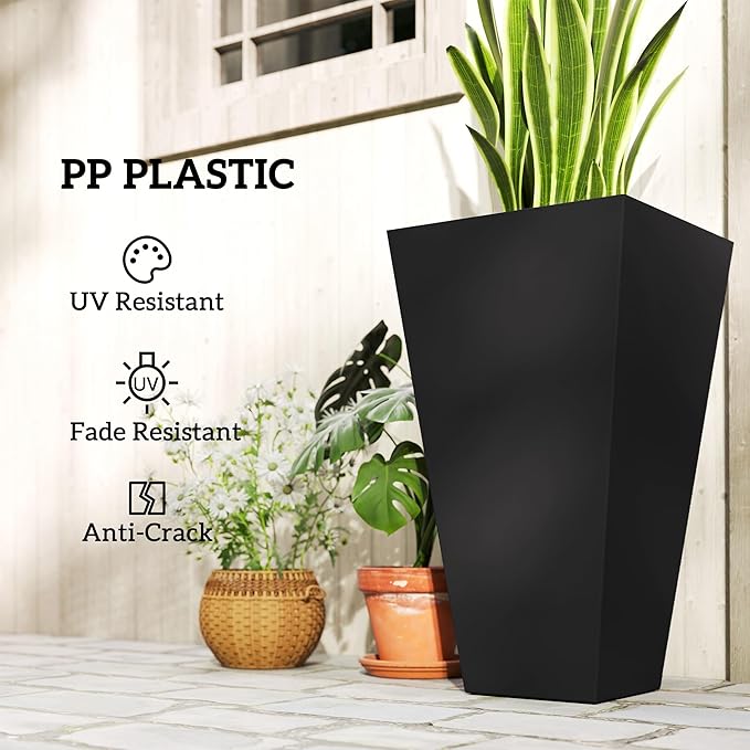 Outsunny Tall Planters for Outdoor Plants Set of 3, 28 in Taper Planters with Drainage Holes, Indoor Grande Plant Pots, Front Porch Decor (Black)-Ruum Studio Home