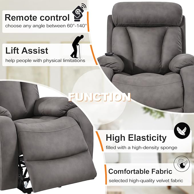 Power Lift Chair Recliners for Elderly, Modern Overstuffed Electric Seniors Recliner Chair with Remote Control Side Pocket for Living Room Bedroom (Dark Grey)-Ruum Studio Home