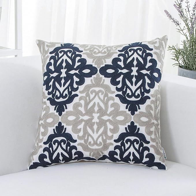 HWY 50 Navy Blue Decorative Throw Pillow Covers 18x18 Inch (1 Piece), Embroidered Cotton Farmhouse Cushion Cover Pillow Case for Sofa Couch Living Room Bed Bedroon, Floral Geometric-Ruum Studio Home