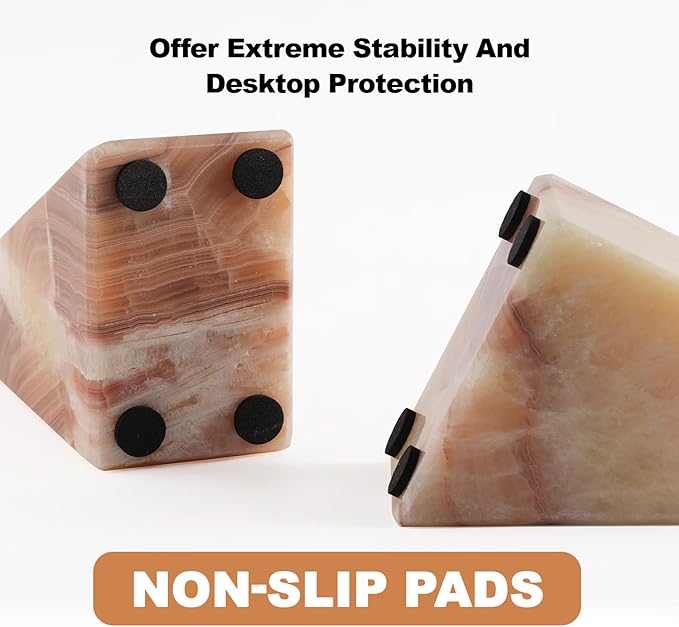 Marble Bookend for Heavy Books, Decorative Bookends for Shelves, Durable and Heavy-Duty Book End for Hardback Book & CDS, Unique Stopper & Holder, Mexico Onyx, Set of 2-Ruum Studio Home