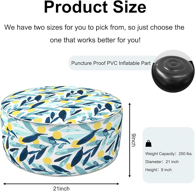 Inflatable Ottoman Stool D21 xH9 for Outdoor/Indoor Use, Water Repellent Patio Foot Rest Stool with Portable Handle,Round Pouf Ottoman Suitable for Garden,Deck and Camping - Leaves Multi-Ruum Studio Home
