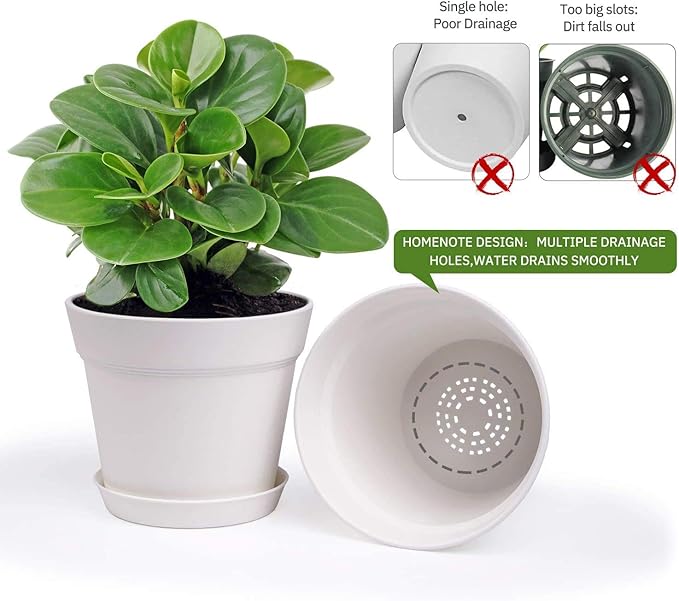 homenote Pots for Plants, 8 Pcs 7.5 Inch Plastic Planters with Multiple Drainage Holes and Tray - Plant Pots for All Home Garden Flowers Succulents, Cream White-Ruum Studio Home