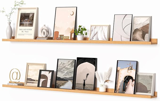 Heimlove Picture Ledge Shelf, Floating Shelves Set of 2, 72 Inches Long Large Picture Shelf for Wall with Ledge, Kids Bookshelf Wall Mounted for Living Room Bedroom Decor Books Photo Frames, Oak-Ruum Studio Home