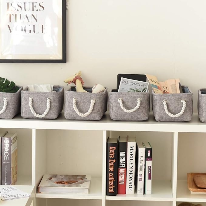 TheWarmHome Foldable Small Storage Baskets with Strong Cotton Rope Handles [6-Pack] Gray Collapsible Storage Bins Set Works Room Storage, Nursery Baskets-Ruum Studio Home