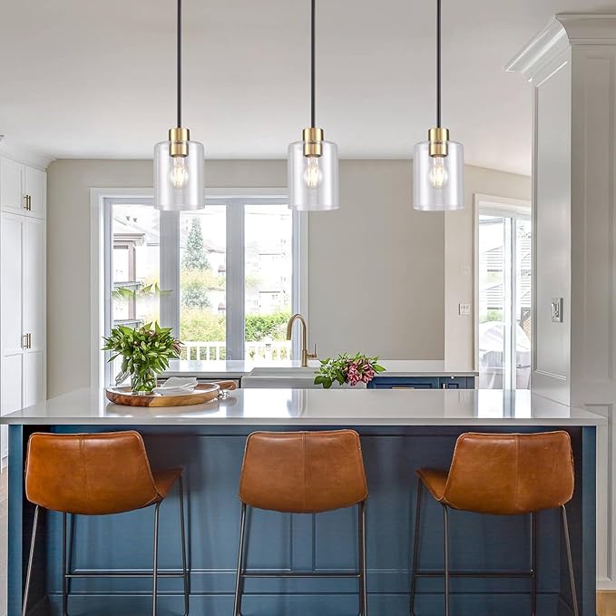 Black Brass Pendant Lights Kitchen Island - Clear Glass Pendant Light Fixture Multiple Stems Rods 3 Units 12 Inch 3 Units 4 Inch (3 Pack Black Brass Downrod)-Ruum Studio Home