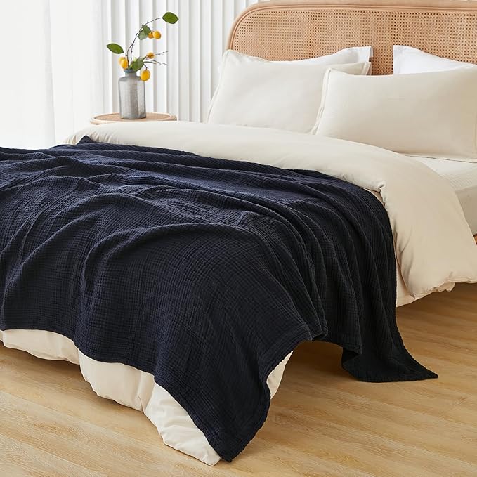 EMME Cotton Throw Blanket for Couch Soft Muslin Blankets 50"x60" Lightweight Breathable Blanket All Season Gauze, Navy-Ruum Studio Home