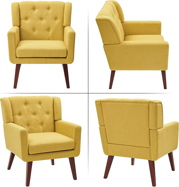 Accent Chair Button-Tufted Upholstered Living Room Chairs Comfy Reading Chair Mid Century Modern Chair with Linen Fabric Lounge Arm Chairs for Living Room Bedroom (Yellow Set of 2)-Ruum Studio Home