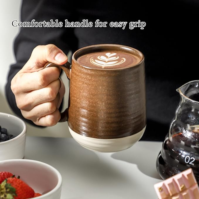 Hasense Ceramic Coffee Mug Set of 4, 15 oz Coffee Cups with Big Handles, Large Latte Mugs for Men and Women, Christmas Cups for Tea, Hot Cocoa, Latte, Cappuccino, Dishwasher Microwave Safe, Brown-Ruum Studio Home