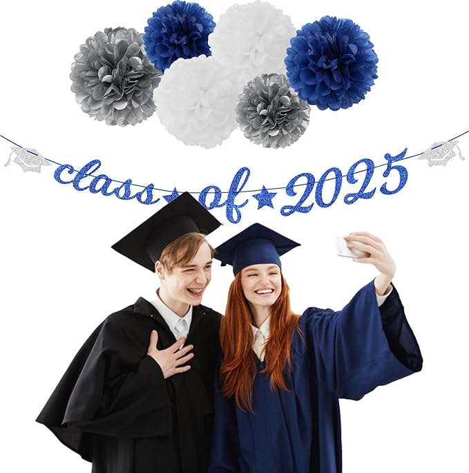 Navy-Blue White-Silver Party-Decoration Graduation Banner - 14pcs Kits Cap Garland Streamers, Royal Paper Tissue Pom Poms Flowers Fans Honeycomb,Class Of 2025 College High School Grad Decor Hugfond-Ruum Studio Home