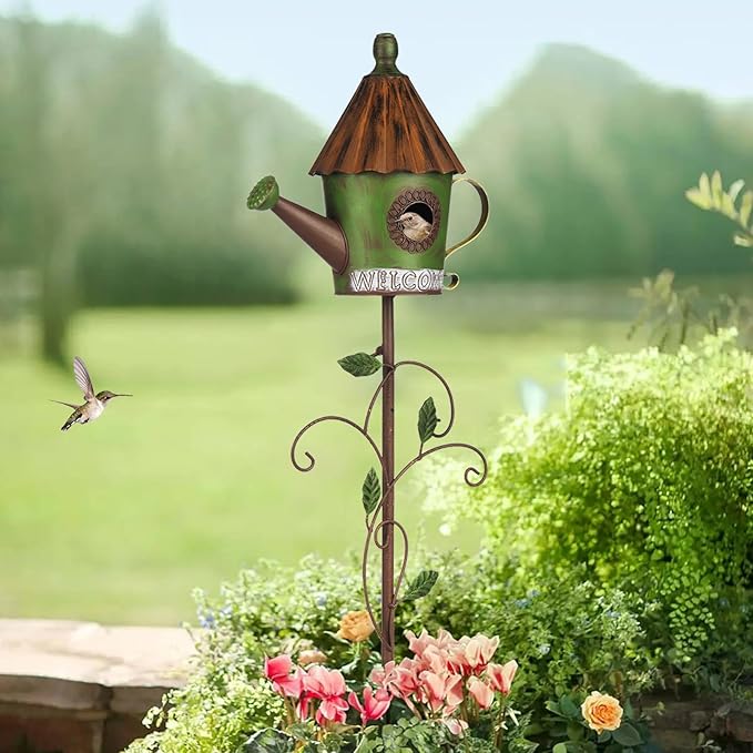BAYN 57” Bird Houses Stake for Outside, Metal Watering Can Birdhouse Garden Stake Wild Bird Feeder Pole with Welcome Sign Outdoor Decorations for Patio, Backyard, Garden-Ruum Studio Home