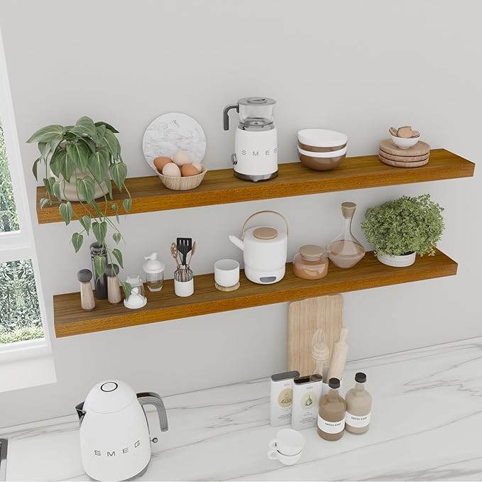 IAE Walnut Floating Wall Shelves 48 inch, Bathroom Shelves Wall Mounted,Invisible Shelves Floating Kitchen Shelves,Wooden Wall Shelves with Brackets for Living Room Wall Mounted,Easy Install,Set of 2-Ruum Studio Home