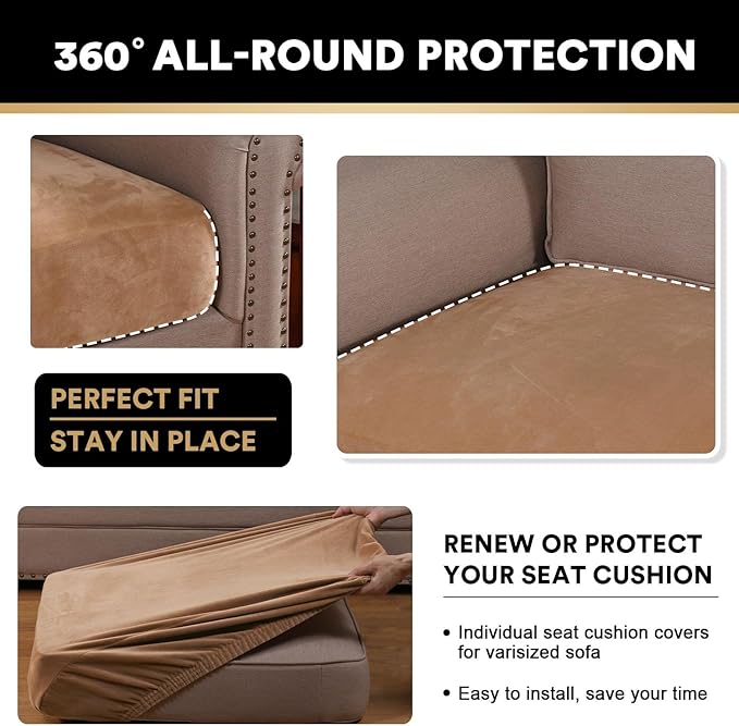 PrinceDeco Velvet Couch Cushion Cover Soft Stretch Cushion Slipcover for Chair Loveseat Sofa Cushion Furniture Protector Seat Cushion Sofa Cover (2 Piece Large Sofa Cushion Covers, Camel)-Ruum Studio Home