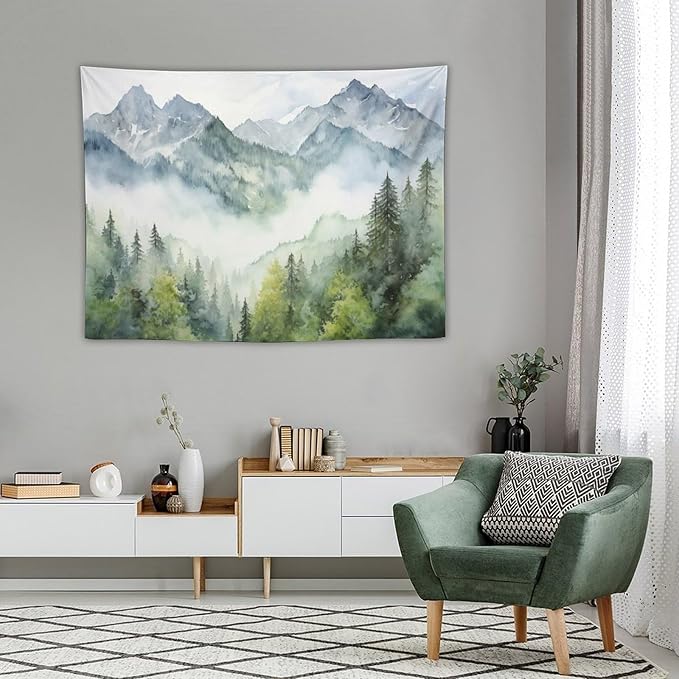 HZOHNAGO Mountain Tapestry Misty Green Forest Mountain Pattern Printed Wall Tapestry Wall Hanging for Bedroom Living Room Dorm 40" W x 30" H-Ruum Studio Home