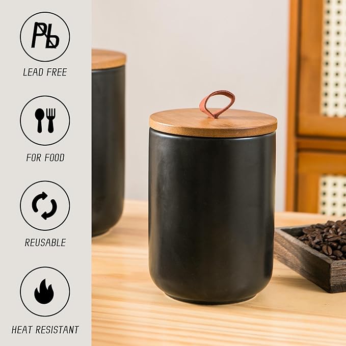 Black Ceramic Canister Set, 3pcs Ceramic Kitchen Canisters for Countertop with Airtight Wood Lids, Large Flour and Sugar Containers for Coffee, Tea, Spice-Ruum Studio Home