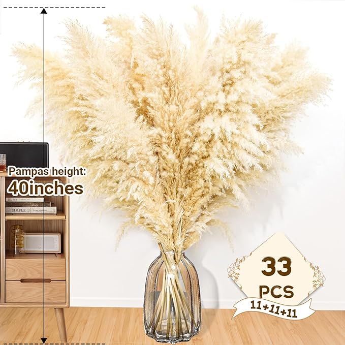40" 33PCS Dried Pampas Grass Decor Tall,Large Natural Beige pompas Grass Tall Pampas Grass for Floor Vase,Wedding,Party,Farmhouse,Boho Home Decor,and Creating a Bohemian Ambiance-Ruum Studio Home