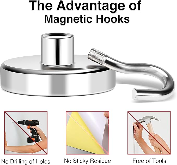 MIKEDE Magnetic Hooks Heavy Duty, 150LB+ Strong Neodymium Magnets with Hooks for Refrigerator, Large Magnetic Hooks with Epoxy Coating for Hanging, Home, Workplace - 10 Pack-Ruum Studio Home