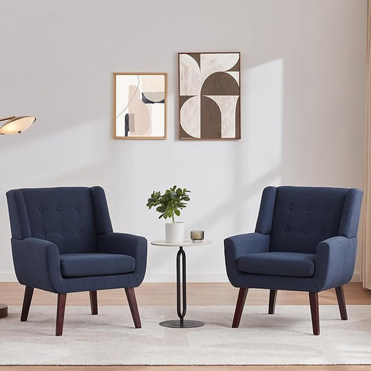 HUIMO Button-Tufted Accent Chairs Set of 2,Upholstered Reading Living Room Chair,Mid Century Modern Chair with Linen Fabric, Club Chair,Comfy Arm Chairs for Living Room,Bedroom,Dark Blue-Ruum Studio Home