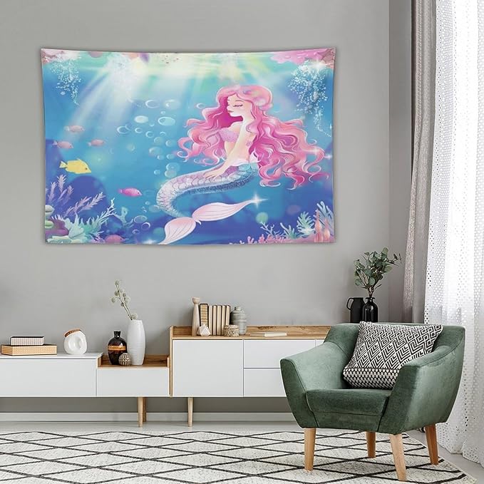 HZOHNAGO Mermaid Girls Tapestry Watercolor Mermaid Princess Pink Hair Pattern for Kids Room Decoration Printed Wall Tapestry Wall Hanging for Bedroom Living Room Dorm 90" W x 60" H-Ruum Studio Home