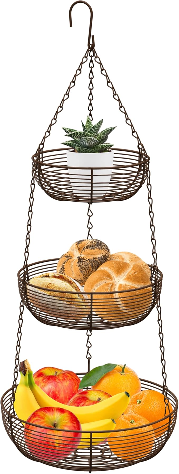 CAXXA 3-Tier Hanging Basket Fruit Organizer Kitchen Heavy Duty Wire Organizer with 2 Free Bonus Metal Ceiling Hooks(Bronze)-Ruum Studio Home