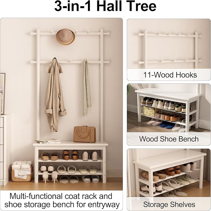 Coat Rack with Shoe Storage, Wooden Hall Tree with Bench, 11 Hooks and 2-Tier Storage Shelves, 3-in-1, Entryway Bench with Coat Rack (31.5"-White)-Ruum Studio Home
