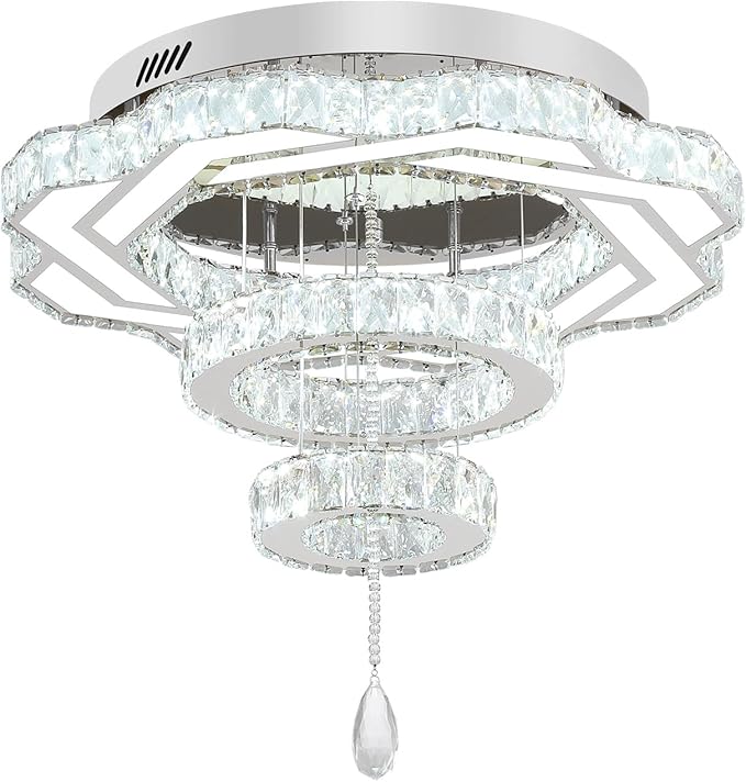 Flashing God Modern Crystal Chandeliers Dia 24" Silver Chandelier Flush Mount Ceiling Light for Bedroom Living Room Dining Room Hallway Dimmable 3 Rings LED Celing Lighting Fixtures-Ruum Studio Home