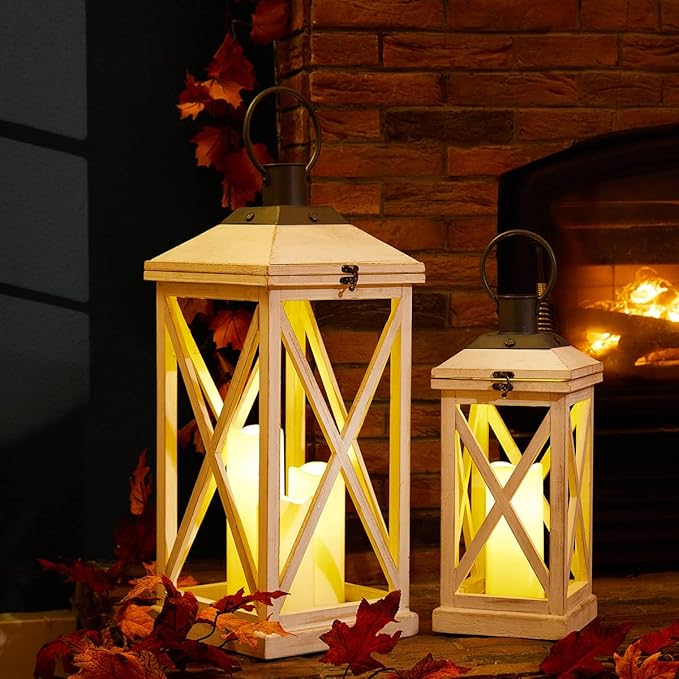 Glitzhome Mondern Farmhouse Wooden Lantern Hanging Decorative Candle Lantern for Outdoor & Indoor Wash White Set of 2 (No Glass)-Ruum Studio Home