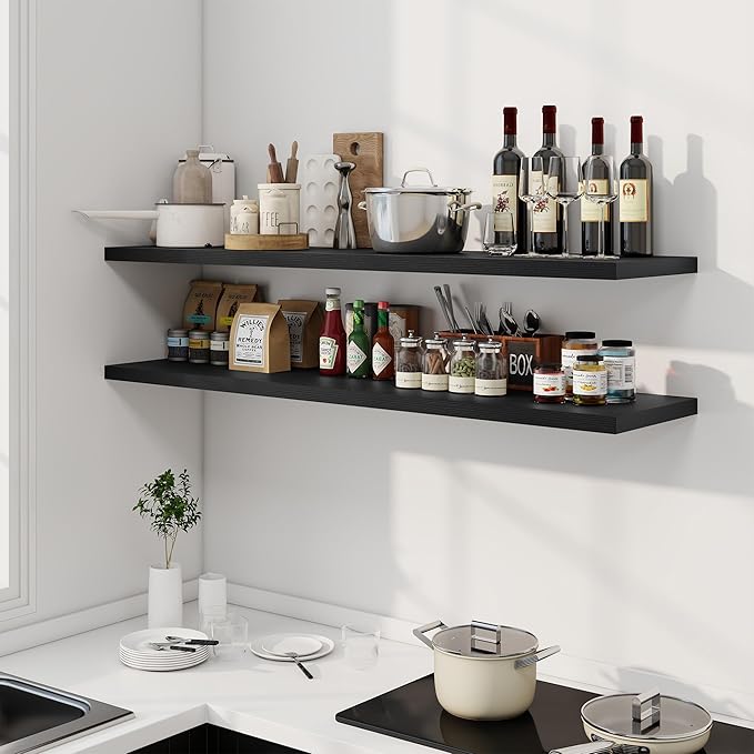 55" Floating Shelves for Wall, 12" Deep Slim Black Floating Shelves, Wall-Mounted Shelves for Bedroom, Living Room, Kitchen, Bathroom - Set of 2-Ruum Studio Home
