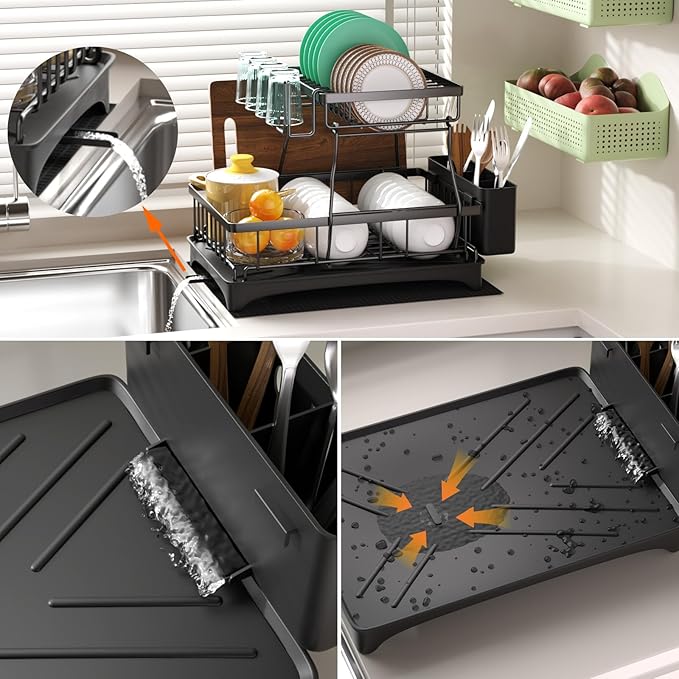 Godboat Dish Drying Rack, 2-Tier Dish Rack with Auto-Drain & Mat, Dish Racks for Kitchen Counter, Dish Drainer with Knife, Fork & Cup Rack, Gifts for Women, Mothers Day, Cool Stuff & Kitchen Gadgets-Ruum Studio Home