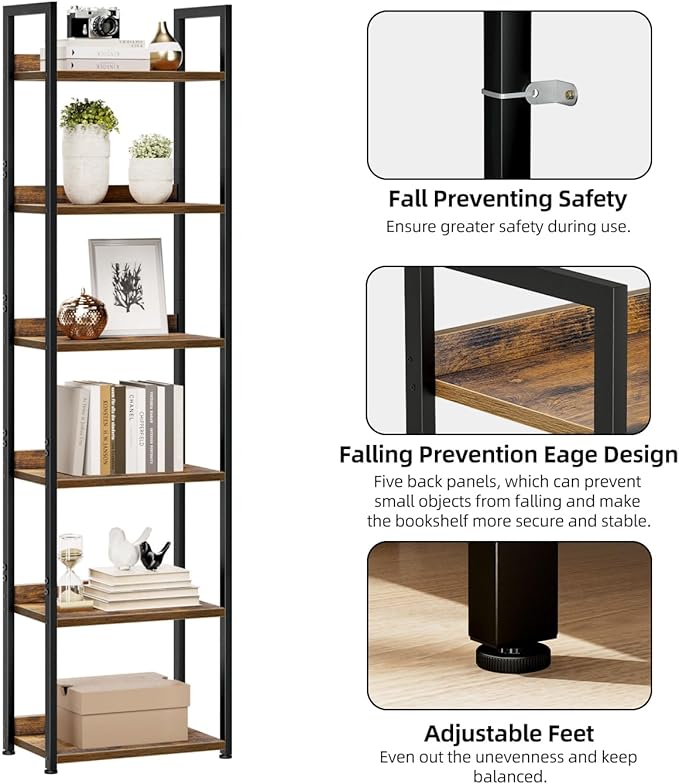 NUMENN Narrow Bookshelf, 6 Tier Bookshelves, Home Office Bookcase Shelf Storage Organizer, Free Standing Storage Shelving Unit for Bedroom, Living Room and Home Office, Vintage-Ruum Studio Home
