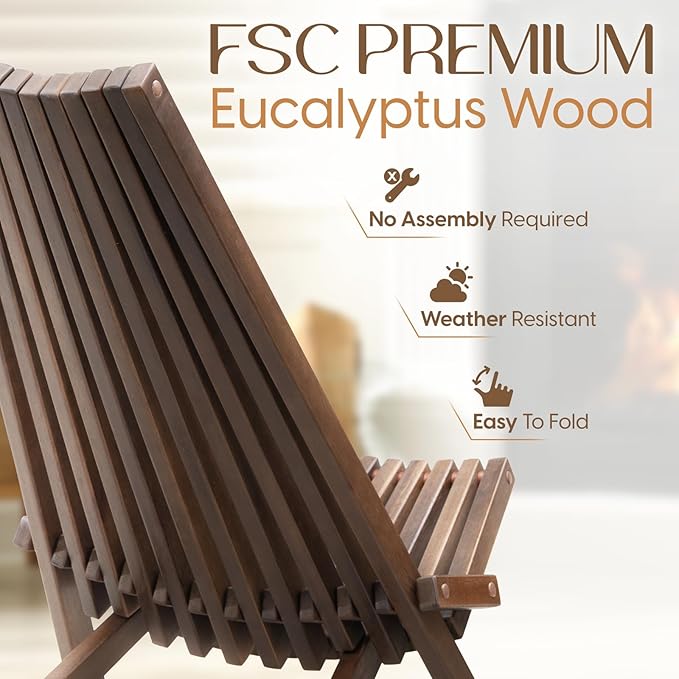 IDZO Elina FSC Eucalyptus Tamarack Chair, 300Lbs Capacity Modern Adirondack Style, Wooden Folding Seat, for Fire Pit Outdoor & Indoor - Cinnamon, Single-Ruum Studio Home