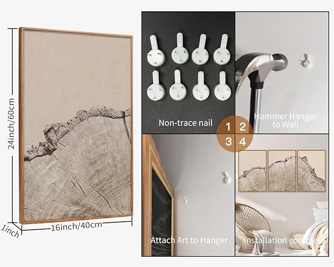 SIGNINART Large Tree Ring Framed Canvas Wall Art Set, Rustic Beige Wooden Wall Decor, Neutral Nature Wood Stump Artwork, Modern Art Prints for Bedroom Living Room Office 24"x36"x3-Ruum Studio Home